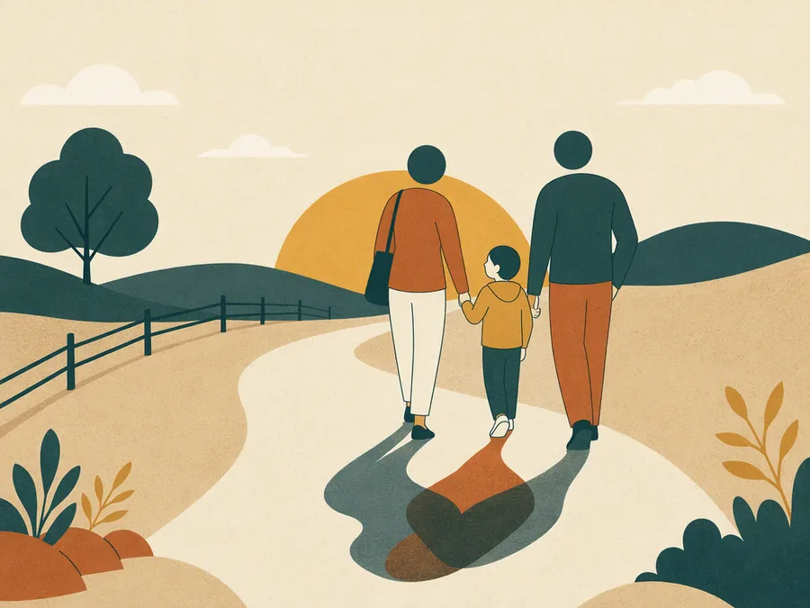 A blended family walking together, two adults and children finding a new rhythm