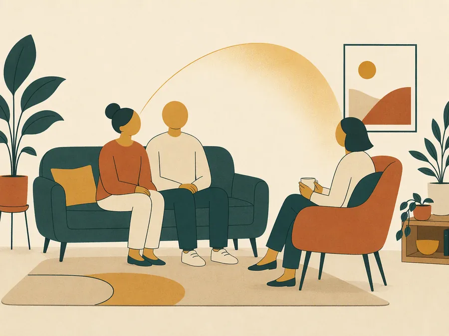 A couple in a counselling session, sitting together and talking through their relationship