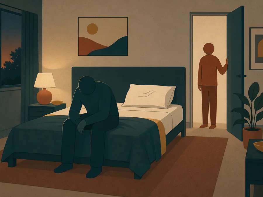A person sitting low in a dim room, with a thin line of light reaching in