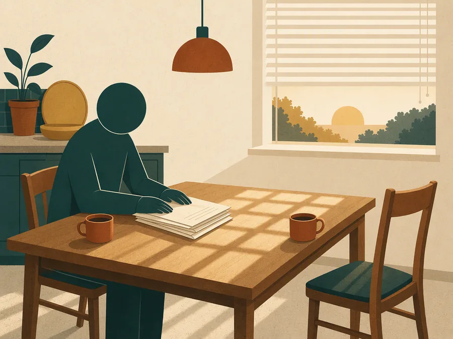 An empty chair at a kitchen table set for two, after a partner has left