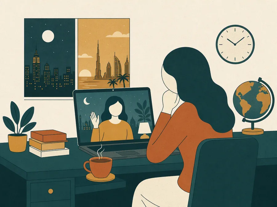 A couple on a video call across time zones, working on their marriage from different countries