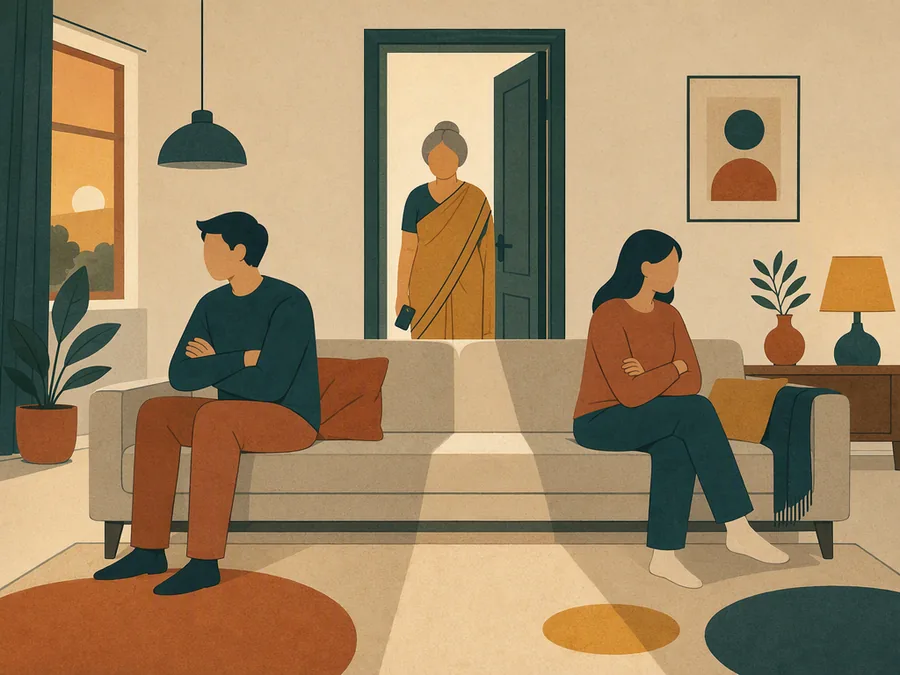 A couple at home while a family member stands in the doorway, overstepping into their marriage