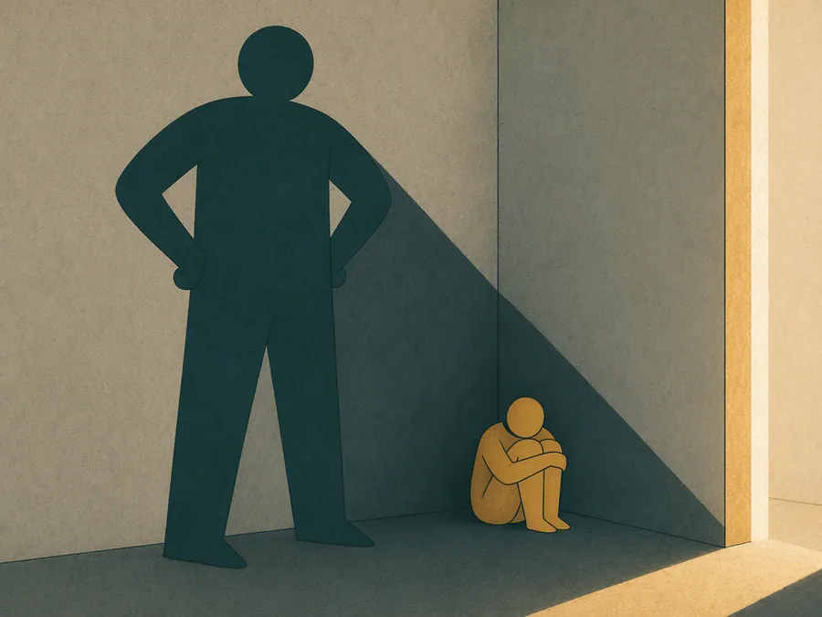 One person standing small in the long shadow cast by a domineering partner