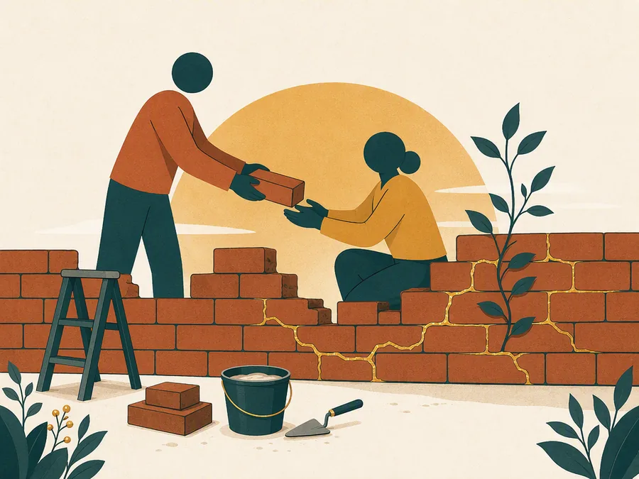 A couple rebuilding a low wall together, brick by brick, side by side
