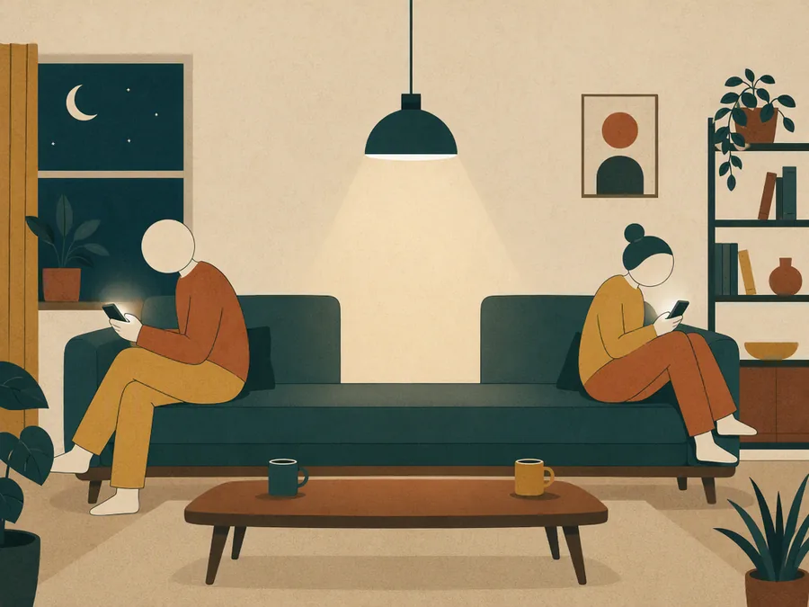 A couple on the same sofa, each absorbed in their own phone, together but not connecting