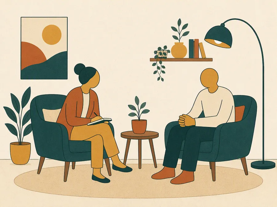 A couple sitting with a counsellor in a calm session room, talking through their marriage