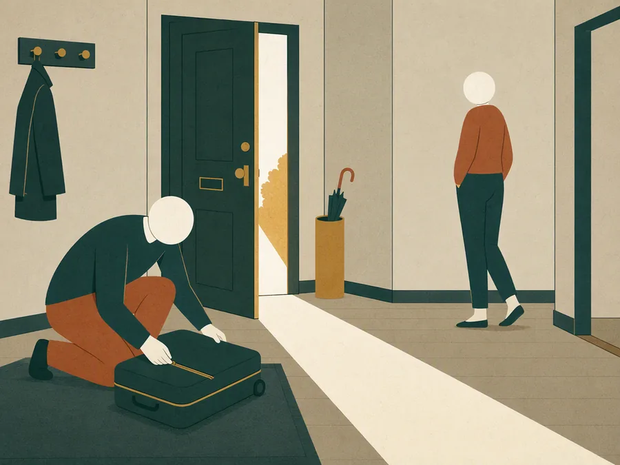 A packed suitcase by the front door while one person pauses, deciding whether to stay or go
