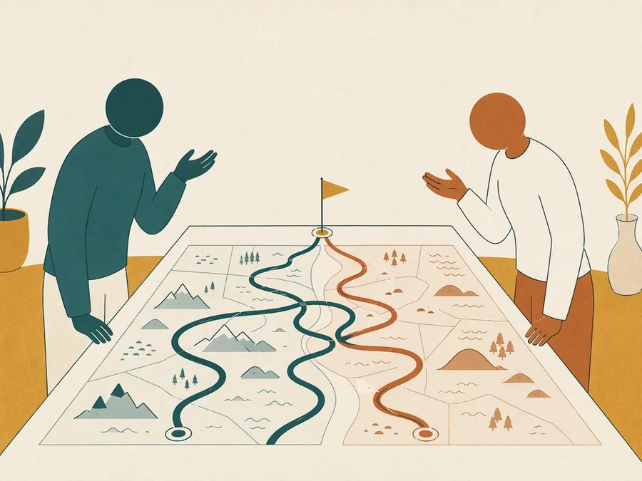 Two partners each holding a different map of the same journey, trying to agree on the route